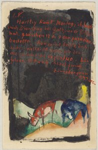 "Zinnobergruß", Franz Marc aus Sindelsdorf an Wassily Kandinsky in München: Postkarte, Poststempel 19.04.1913