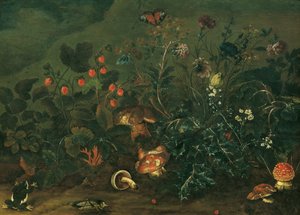 Rasen mit Erdbeeren und Fliegenpilz