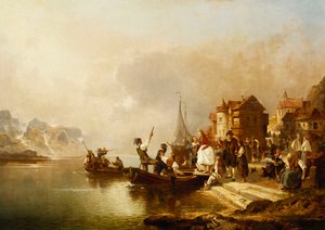 Eine Hochzeitsgesellschaft besteigt ein Boot