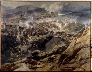 Die Belagerung von Akhoulgo: 1839, Imam Schamil und seine muslimischen Anhänger aus dem Kaukasus werden in ihrer Bergfestung belagert und von der russischen Armee massakriert von Franz Roubaud