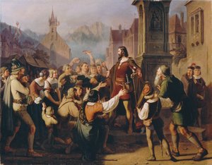 Herzog Friedrich IV., verkleidet als Minnesänger, offenbart sich seinen treuen Tirolern