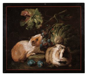 Römisches Mikromosaik-Panel, das zwei Meerschweinchen zeigt, die Kohl und Trauben fressen, 1800-25 von Franz Werner von Tamm