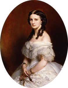 Porträt einer Dame, Halbfigur, in einem weißen Kleid und mit einer Brille