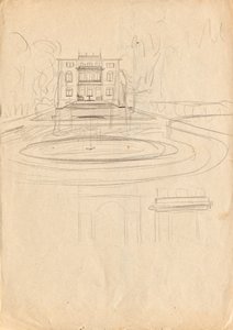 Entwurfsskizzen zu Matschs Ateliervilla - Ansicht vom Garten mit Brunnen von Franz von Matsch