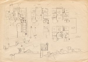 Entwurfsskizzen zu Matschs Ateliervilla - Grundrisse und Dachkonstruktion von Franz von Matsch