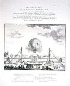 Erster bemannter Heißluftballonflug in Italien durch Paolo Andreani, 1784, graviert von Girolamo Mantelli, veröffentlicht 1785 (Gravur)