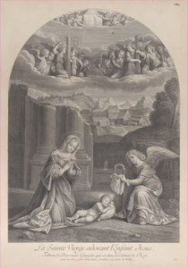 Die Jungfrau Maria, die das Christkind anbetet, ein Engel hält rechts eine Dornenkrone