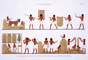 Transport, Lagerung und Aufzeichnung der Getreidevorräte, aus einem seltenen Bericht über Fresken aus Theben, aufgezeichnet 1819-1822 bei seinem zweiten Besuch in Ägypten von Frederic Cailliaud (1787-1869)