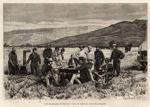 Die geologische Mission der Vereinigten Staaten ist jung in der Ebene, geätzt nach der Zeichnung von Laguillermie, zur Illustration einer Reihe von geografischen Missionen durch den United States National Park, von 1870 bis 1872, von Herren Hayden, Doane u