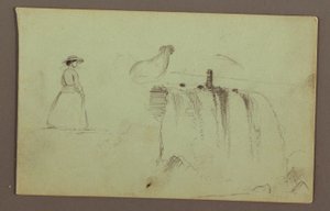 Ein gehendes Mädchen, ein kauerndes Huhn und die amerikanischen Fälle am Niagara-Fluss von Frederic Edwin Church