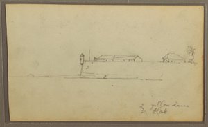 Zeichnung, Eine Festung; Verso: Botanische Skizzen, Haus, 1857 von Frederic Edwin Church