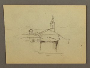 Kirchturm angrenzende Gebäude, möglicherweise 1868–69 von Frederic Edwin Church
