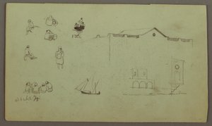 Zeichnung, Figurenstudien, Segelboot, Architekturstudien, möglicherweise 1868 von Frederic Edwin Church
