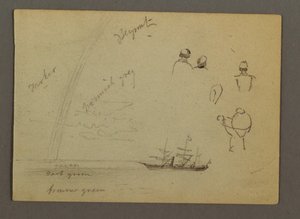 Zeichnung, Figurenstudien, Segelschiff, Regenbogen, möglicherweise 1868 von Frederic Edwin Church