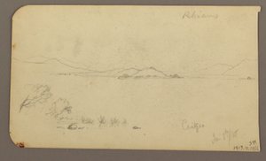 Zeichnung, Figur und Ochsenkarren, Zypressenbaum; Rückseite: Blick über den Cuitzeo-See, Januar 1885 von Frederic Edwin Church