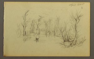 Zeichnung, Htakie (?) Teich, zwei Personen im Kanu, 1845 von Frederic Edwin Church