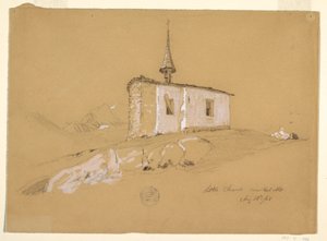Zeichnung, Kleine Kirche bei Bel Arp, Berner Alpen, Schweiz, 28. August 1868 von Frederic Edwin Church