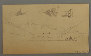 Zeichnung, Mittelalterliche Burg, Zwei Türme, Figurenstudien, in der Nähe von Thun, möglicherweise 1868 von Frederic Edwin Church