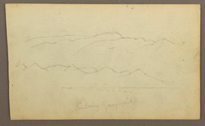 Zeichnung, Gebirgsketten "Einfahrt nach Guayaquil"; Rückseite: Flussufer, Botanische Skizzen, möglicherweise 1857