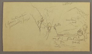 Zeichnung, Bergtal, Brücke, Gebäude, möglicherweise 1868–69 von Frederic Edwin Church