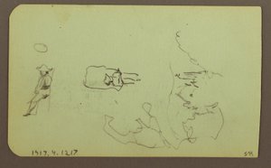 Zeichnung, Berge, Kirche; Rückseite: Figuren, Kirche, 1883