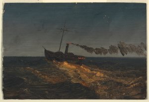 Zeichnung, Raddampfer in der Dämmerung, ca. 1853