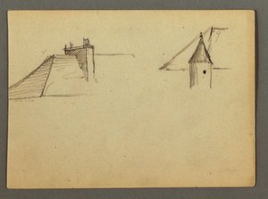 Dach mit Schornstein, Turm, möglicherweise 1868