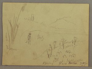 Zeichnung, Skizzen aus Italien: Gebäude mit Turm, Berg und Mann, 29. April 1869 von Frederic Edwin Church