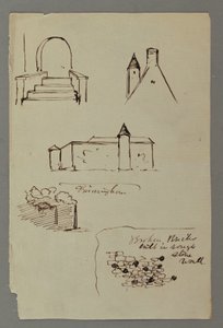 Zeichnung, Treppen, Dach mit Turm, Steinmauer, möglicherweise 1869