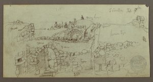 Zeichnung, Steingebäude, Männer auf dem Dach versammelt, 17. Februar, möglicherweise 1868 von Frederic Edwin Church