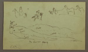 Studien von Figuren auf Eseln und Eseln, Figur auf Hügelkette, möglicherweise 1868 von Frederic Edwin Church