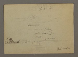 Zeichnung, Sonnenuntergang über dem Meer, Dampfschiff, möglicherweise 1868