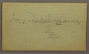 Zeichnung, Stadt an der Küste, Gebirgskette dahinter, 27. Mai 1868 von Frederic Edwin Church