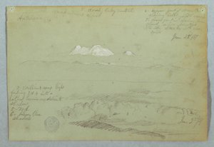 Ansichten des Artisana-Vulkans von oder nahe Quito und ein bewölkter Himmel über einem Bergrücken, Ecuador, 23. Juni 1857 von Frederic Edwin Church