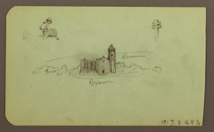 Hügel, Kirche, Brücke; Verso: Figur, Kreuz, Kirche, 1883 von Frederic Edwin Church