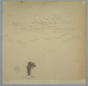 Gebirgige Landschaft mit untergehender Sonne und einem Baum, Jamaika