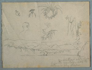Flussufer mit Bergen und Wolken, drei botanische Skizzen und Büstenstudien von Männern mit Hüten