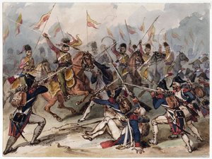 Die französische Infanterie und die russischen Husaren im Kampf bei Austerlitz