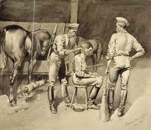 Ein Haarschnitt in einem Kavallerie-Stall von Frederic Remington