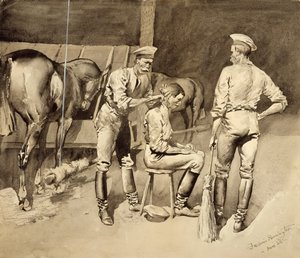Ein Haarschnitt in einem Kavallerie-Stall, um 1893 von Frederic Remington