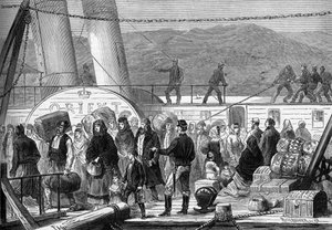 Der östliche Krieg (1875-1878), auch bekannt als der Russisch-Türkische Krieg: Am Donauufer, Landung der flüchtigen jüdischen Familien von Rustchuck und Widdin im Mai 1877 (Stich)
