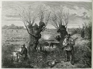 Hasenjagd. Gravur von F. Lix, zur Illustration der Geschichte "Durch Elsass und Lothringen" von 1884, von Charles Grad von Frederic Theodore Lix