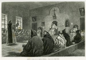 Versammlung des Kapitels unter den Trappisten von Oelenberg. Gravur von Lix zur Illustration der Geschichte „Durch Elsass und Lothringen“ von Charles Grad, veröffentlicht in Le Tour du monde 1887 von Frederic Theodore Lix
