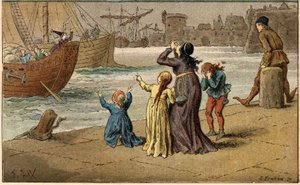 Volkslied: „A Nantes est arrivé“. Kinder trauern um ihre Mutter, die von einem Seemann entführt wurde. Illustration (Detail) von Frédéric Théodore Lix (1830-1897) in „Chansons et rondes enfantines des provinces de la France“.