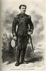 Porträt des Reisenden und Erzählers Oberstleutnant von Prjewalski, Zeichnung von F. Lix, um die Reise nach Mongolei und das Land der Tanguten von 1870 bis 1873 von Oberstleutnant von Prjewalski zu illustrieren. Gravur in Le tour du monde von Frederic Theodore Lix