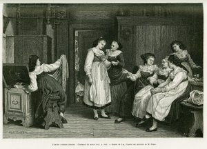 Die alte elsässische Tracht. Gravur von Lix, nach einem Gemälde Present de Noces von Pabst, zur Illustration der Geschichte A Travers l