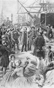 Victor Hugo (1802-85) verabschiedet sich von seinen Freunden und Unterstützern in Antwerpen am 1. August 1852, ca. 1885