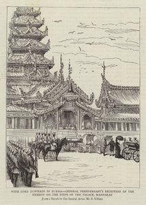 Mit Lord Dufferin in Burma, General Prendergasts Empfang des Vizekönigs auf den Stufen des Palastes, Mandalay von Frederic Villiers