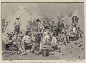 Die Tapferen und die Schönen, Soldaten unterhalten Freunde beim Mittagessen im Lager in Pietermaritzburg von Frederic de Haenen
