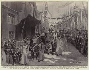 Die Königin von Holland und Prinz Heinrich im Staatswagen, Ankunft an der Groote Kerke von Frederic de Haenen